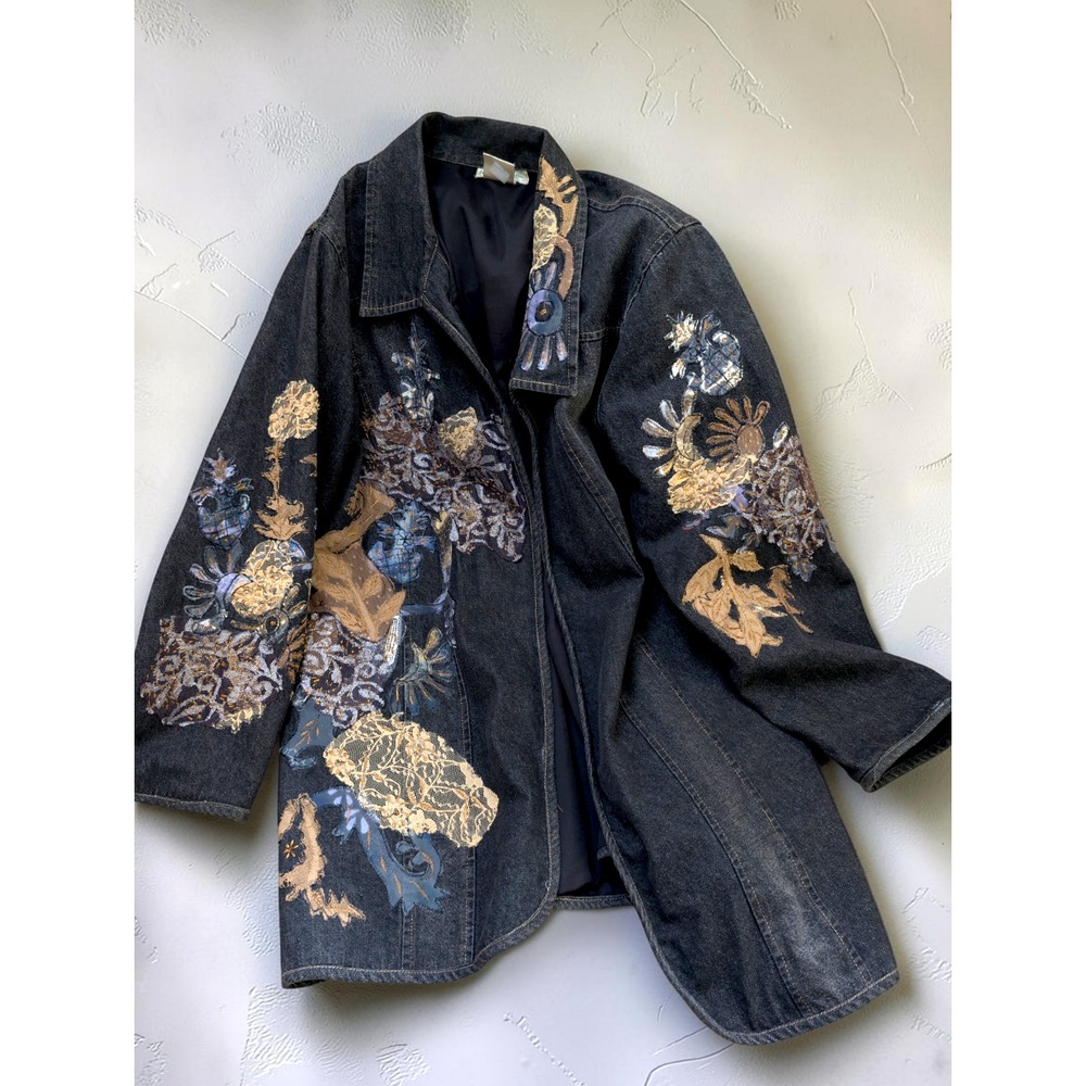 Ulla Popken Embroidered Open Front Jacket Black Cotton Denim Plus 16/18